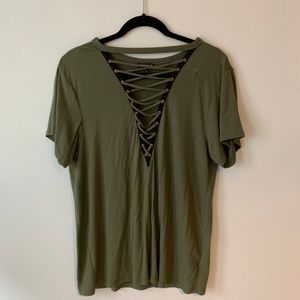 Express Olive Deep-V Lace Up Short Sleeve Top